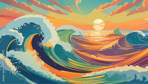 Vector Illustration of a Sea Wave Scene with Ocean Background