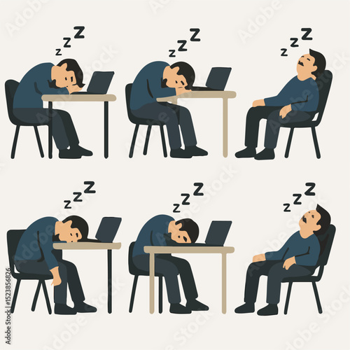 Vector Set Exhausted Man Sleeping at Desk in Chair