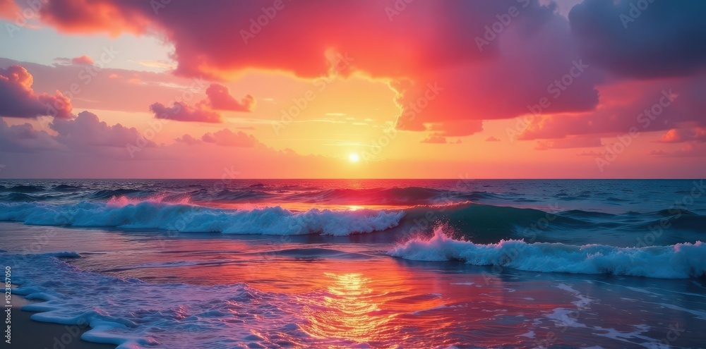 Fototapeta premium Fiery orange and pink hues paint the sky over tranquil ocean waves , red, light, landscape