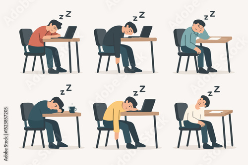 Vector Set Exhausted Man Sleeping at Desk in Chair