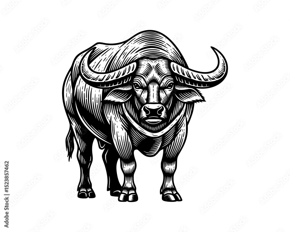 Obraz premium Standing Buffalo Bull Cow, woodcut linocut engraving black and white outline. illustrated in vintage line ink print art style on a white background.