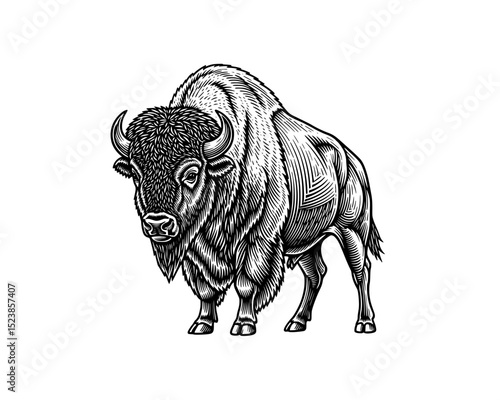 Wallpaper Mural Standing Bison Buffalo Bull , woodcut linocut engraving black and white outline. illustrated in vintage line ink print art style on a white background. Torontodigital.ca