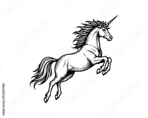 illustration of Flying Horse Unicorn with sharp horn and wings standing lifting front legs in woodcut linocut engraving etching black ink print style 