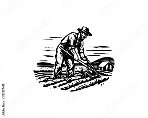 Farmer working on his farm land with hoe in woodcut linocut engraving black and white outline. illustrated in vintage line ink print art style on a white background.