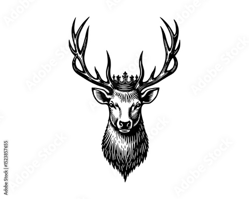 illustration of deer stag buck head wearing a crown trophy in woodcut linocut engraving etching black ink print style 