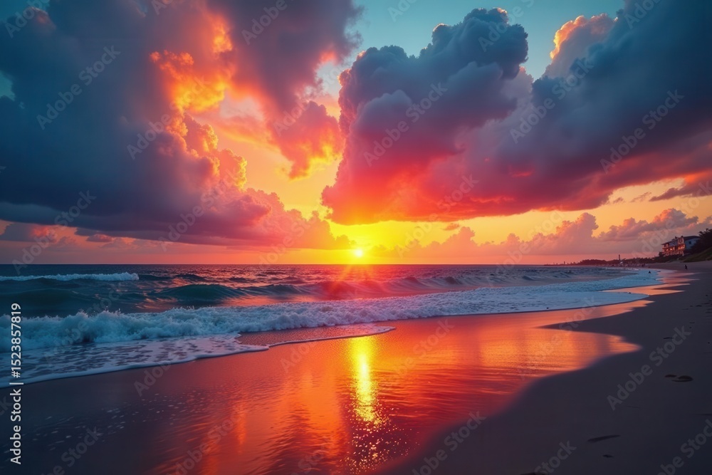 Fototapeta premium Fiery sunset paints dramatic clouds over endless beach , serene, vast, peaceful