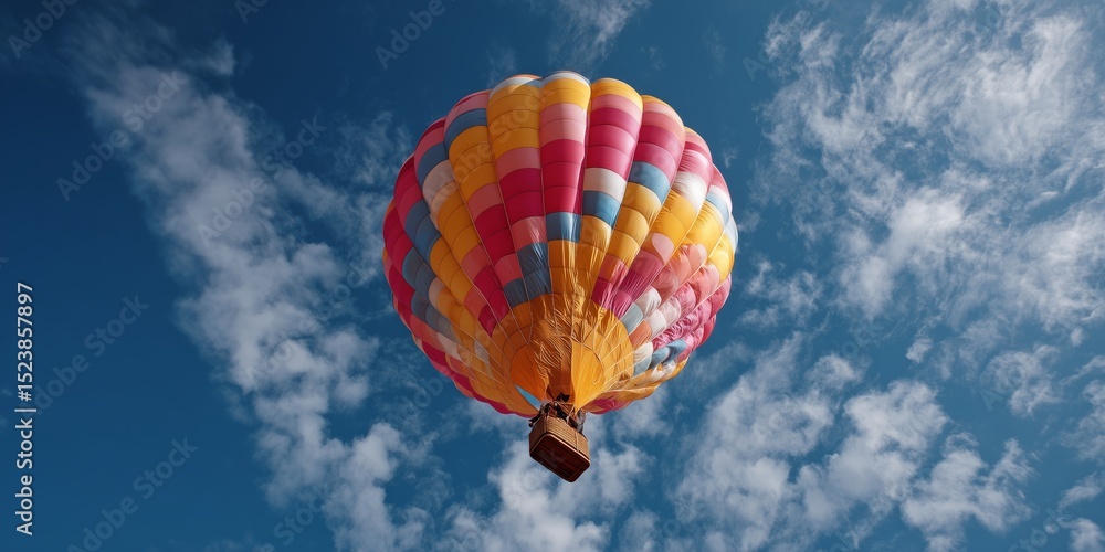 Fototapeta premium Vibrant hot air balloon soaring against a cloudy blue sky