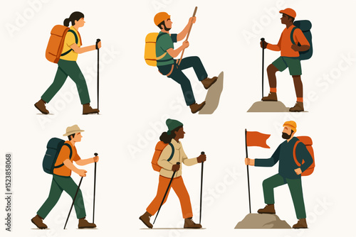 Vector illustration set of diverse characters hiking, climbing, and trekking with outdoor adventure gear.
