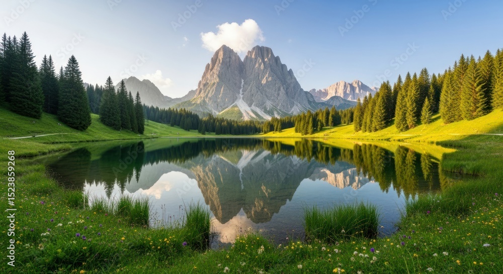 Fototapeta premium Serene lake nestled amidst towering mountains.