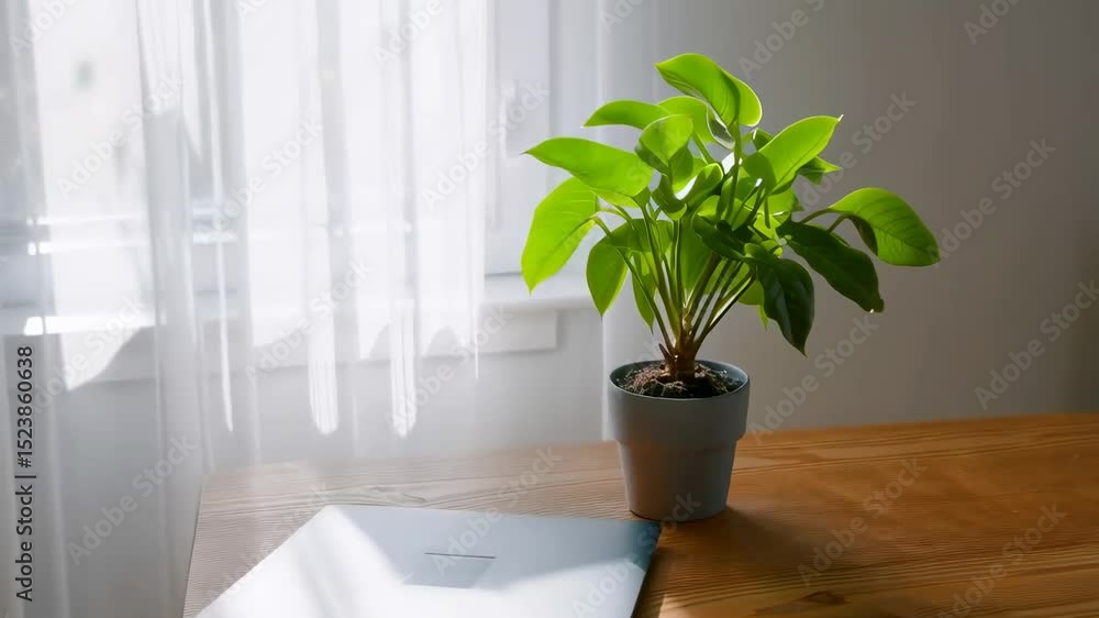 A laptop computer on a wooden table with a plant in the background. A laptop computer on a wooden table with a plant in the background.