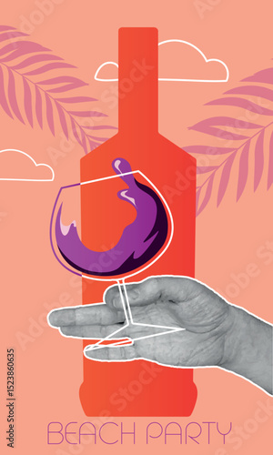 Beach party tropics, glass of wine in hand, bottle of alcohol flat style. Restaurant poster design, beach wine bar, palm trees, relaxation, drinks, chardonnay, cabernet
