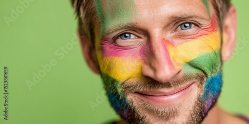 Cheerful young man celebrating pride with colorful face paint on green background