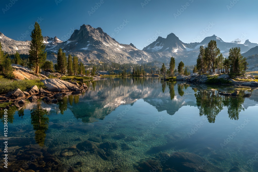 Fototapeta premium A crystal-clear alpine lake surrounded by snow-capped mountains