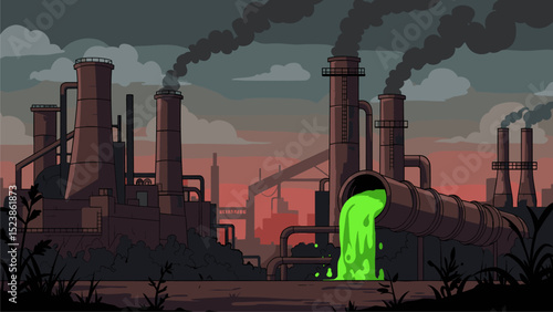 Toxic Industrial Waste Pollution Landscape, Environmental Disaster Illustration