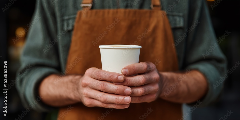 Barista holding hot cappuccino in hands with apron in cozy cafe setting Barista holding hot cappuccino in hands with apron in cozy cafe setting