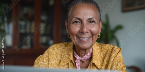 Senior non binary individual engaging in virtual meeting with warm smile