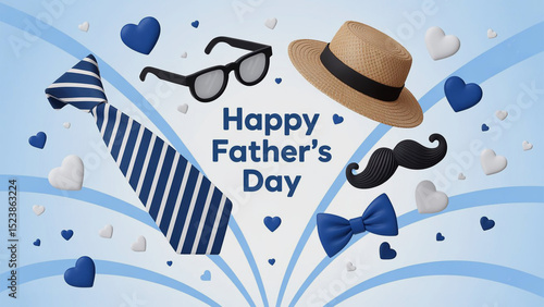 Festive father's day illustration featuring decorative elements and heart shapes floating in the air