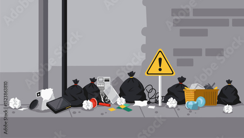 Urban Litter and Environmental Hazard Warning Illustration