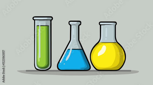Colorful laboratory glassware containing green, blue, and yellow liquids arranged on a neutral background