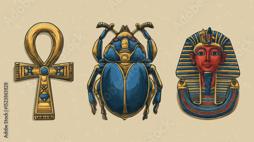 Unique depiction of ancient Egyptian symbols including ankh, scarab, and pharaoh mask in vibrant colors