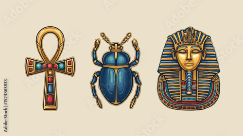Ancient Egyptian symbols including ankh, scarab beetle, and pharaoh mask displayed on a beige background