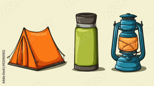 Camping gear setup includes a tent, water bottle, and lantern for outdoor adventures and nighttime safety in nature