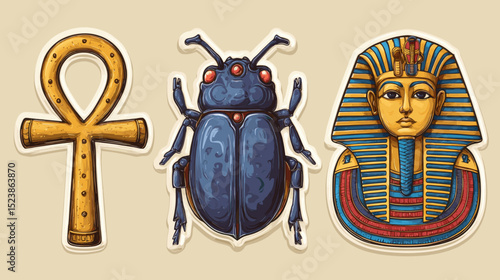 Explore ancient Egyptian symbols including the ankh, scarab beetle, and pharaoh headdress in detailed artwork