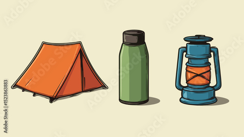 Outdoor camping gear including a tent, water bottle, and lantern ready for adventure in nature