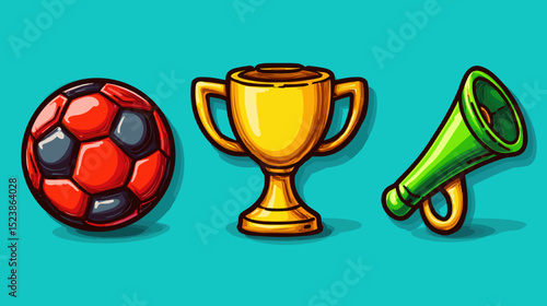 Colorful soccer ball, trophy, and megaphone icons on a vibrant background celebrating sports and teamwork