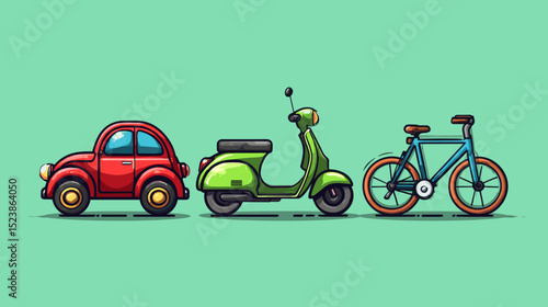 Colorful collection of vehicles including a car, scooter, and bicycle on a vibrant background