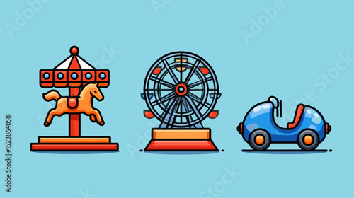 Colorful amusement park attractions featuring a carousel, Ferris wheel, and bumper car on a bright blue background