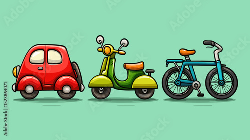 Fun cartoon vehicles lined up against a vibrant green background showcasing a red car, a green scooter, and a blue bicycle