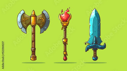 Medieval weapons displayed with unique designs against a vibrant green backdrop