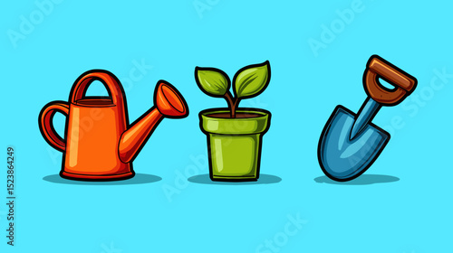 Gardening tools and a young plant displayed on a bright blue background for a vibrant and cheerful ambiance