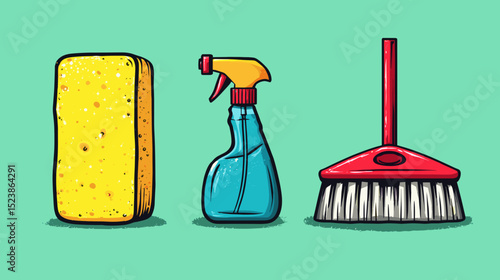 Cleaning tools including a sponge, spray bottle, and broom on a bright background ready for household chores