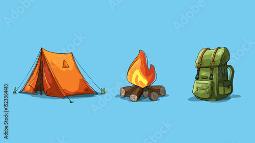 Enjoying a camping adventure with a vibrant tent, crackling campfire, and sturdy backpack in a sunny atmosphere