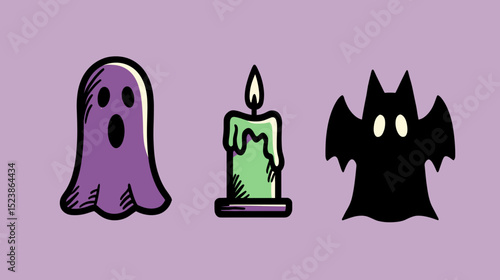 Halloween-themed illustrations of a ghost, a candle, and a bat on a purple background evoke spooky vibes for the festive season