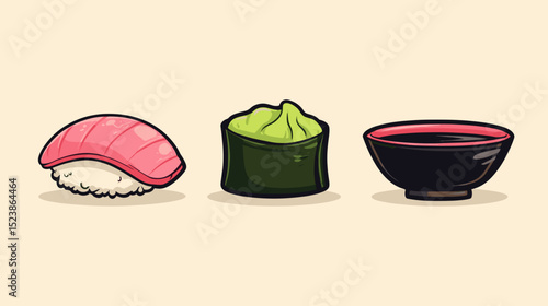 Sushi, wasabi, and soy sauce arranged in a colorful display on a beige background