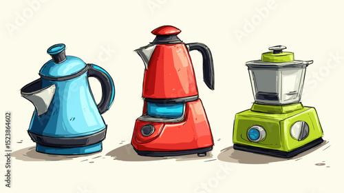 Different kitchen appliances including a kettle, a coffee maker, and a blender arranged on a light background