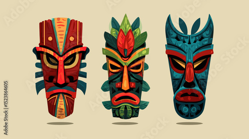 Colorful tribal masks with intricate designs displayed against a neutral backdrop