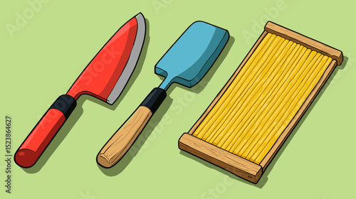 Tools for gardening and landscaping including a trowel, cultivator, and weeding fork on a green background