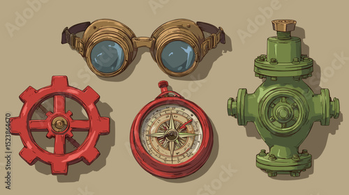Vintage goggles, compass, gear, and valve showcase intricate steampunk design elements for creative enthusiasts and collectors