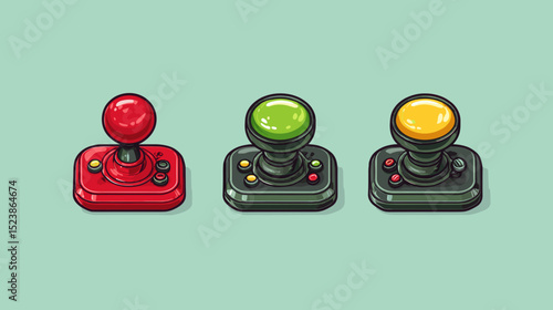 Classic arcade joystick designs showcasing retro gaming controls on a muted background