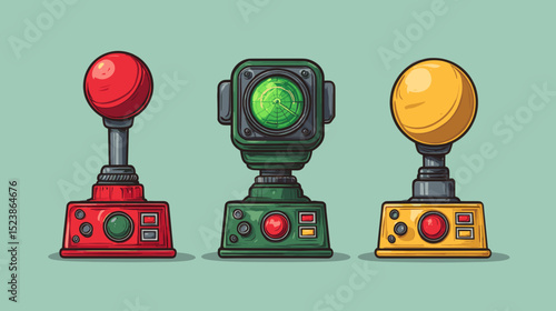 Colorful vintage control devices arranged in a row with vibrant buttons and screens on a light background