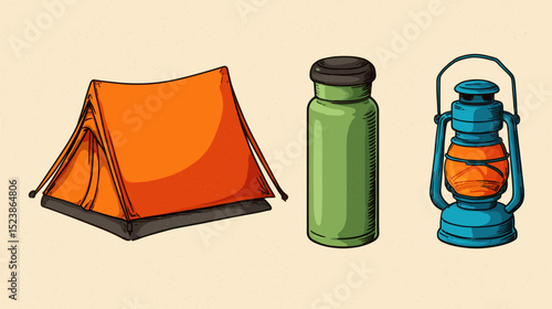 Outdoor camping gear with a tent, water bottle, and lantern arranged on a light background