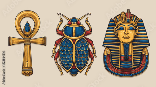 Ancient Egyptian symbols and artifacts depicting the ankh, scarab beetle, and pharaoh headdress in vibrant colors