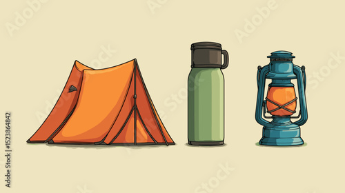 Camping gear essentials for outdoor adventures featuring a tent, thermos, and lantern in a minimalist design