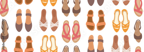 Vector seamless pattern with summer shoes. Texture with flip flops, sandals and women shoes in beige tones on a white background. Fashionable background