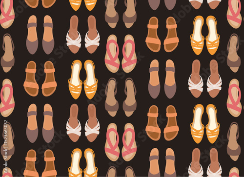 Vector seamless pattern with summer shoes. Texture with flip flops, sandals and women shoes in beige tones on dark brown background. Fashionable background