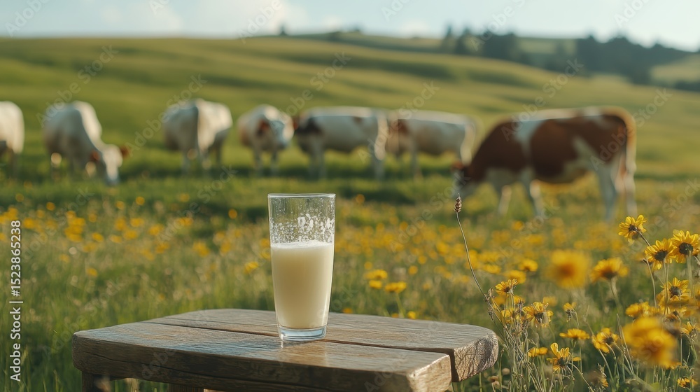 Fresh milk from pitcher into the glass with grass field and cows with a natural background,fresh milk ad template banner,Cows live on natural pastures, packaging with milk packs concept. Fresh milk from pitcher into the glass with grass field and cows with a natural background,fresh milk ad template banner,Cows live on natural pastures, packaging with milk packs concept.